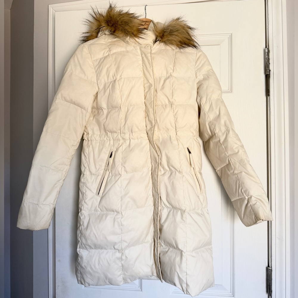 Talbots Cream Down Feather Puffer Jacket with Faux Fur Trim